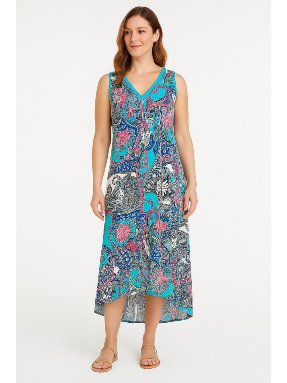 Chico’s Size 1 M Sleeveless Paisley Maxi Dress Blue Pink Stretch High Low Hem